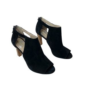 Boden black suede leather peep toe zip back cutout high heel booties